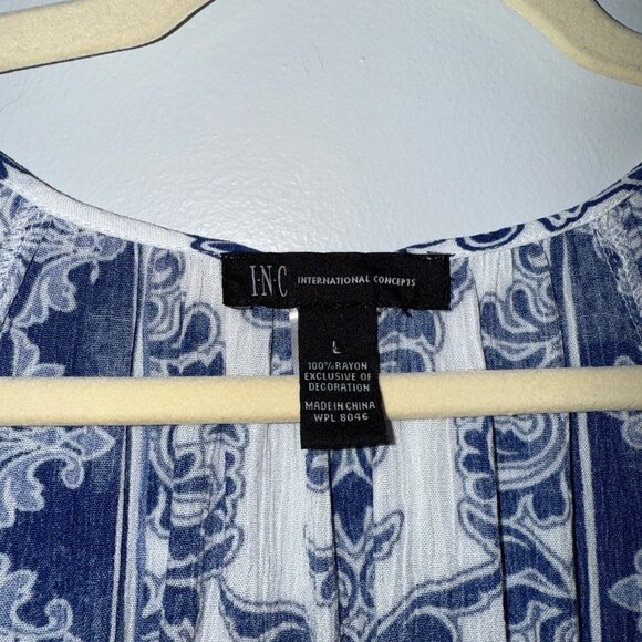 NWT INC Womens Boho Blue & White Long Sleeve Top Size L Damask Scroll - Picture 3 of 7